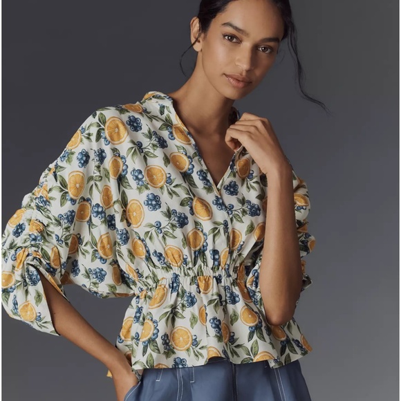 NWT Maeve Short-Sleeve Ruched Peplum Blouse Size US L - Picture 1 of 5